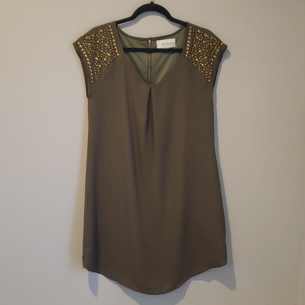 Army Green Shift Dress w/ Brass Studded Shoulders - Picture 1 of 7